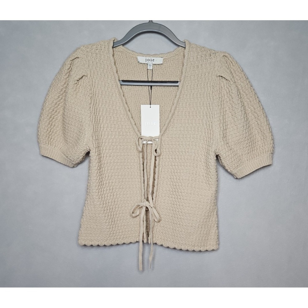 Joie Womens Beige Tie Front Puff Sleeve Cardigan Sweater‎ Size Medium NWT